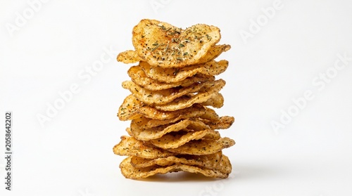 Bild auf Leinwand Tall stack of golden crispy crackers on white background minimal style