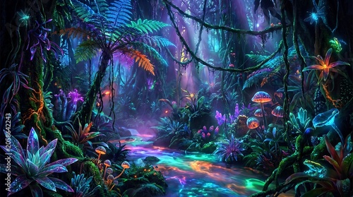 Abstract Colorful Fractal Background with Glowing Stars and Vibrant Green Blue Light Texture for Fantasy Nature Holiday Wallpaper Design