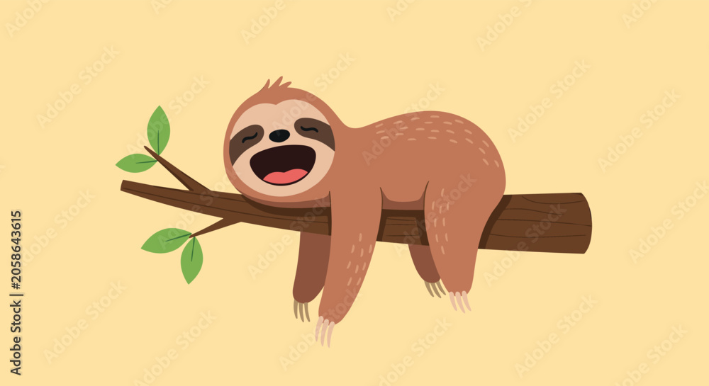 Fototapeta premium Adorable brown sloth peacefully sleeping and smiling on a tree branch, capturing the slow and relaxed nature of the animal.