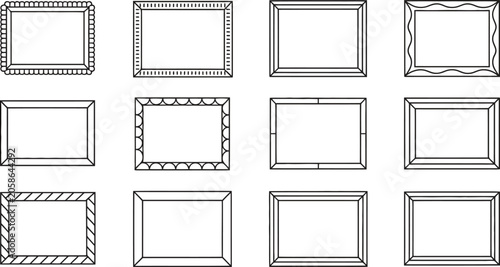 Twelve black and white outline frames and borders on white background collection