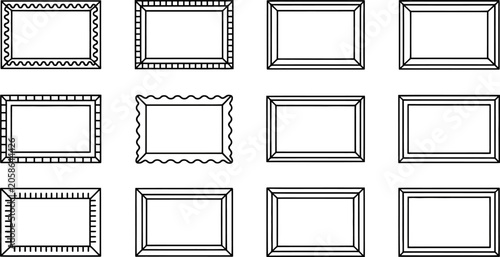 Twelve black and white outline frames and borders on white background collection