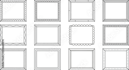 Twelve black and white outline frames and borders on white background collection