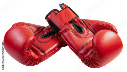 Fotografie Pair of red leather boxing gloves with black stitching, isolated on transparent