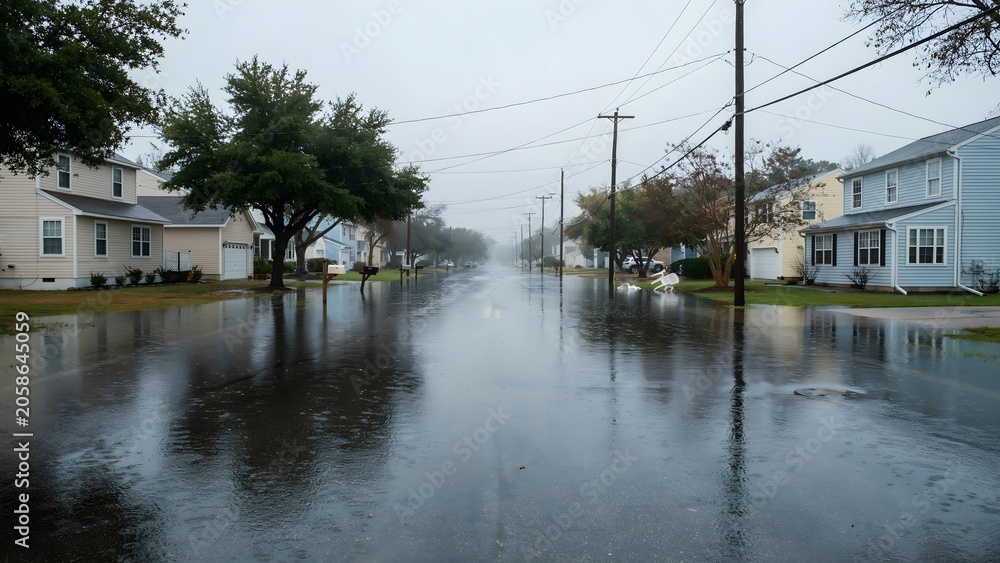 Fototapeta premium Quiet Residential Neighborhood Street During Heavy Rainfall in Suburban Area