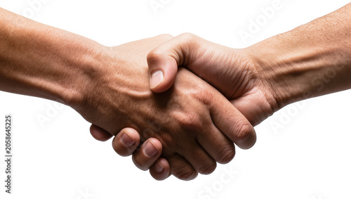 Tableau sur toile Two diverse male hands firmly shaking, isolated on transparent background