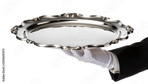Fotografie Ornate silver serving tray with scalloped edges held by a gloved hand, isolated