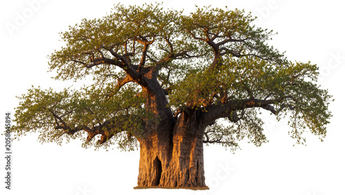 Canvastavla Massive baobab tree with thick trunk and green foliage, isolated on transparent