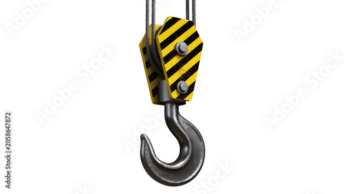 Cuadro en lienzo Heavy duty metal crane hook with yellow and black hazard stripes, isolated on tr