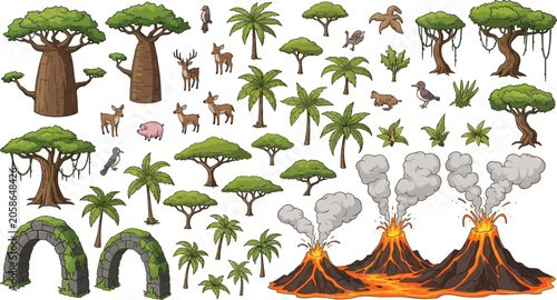 Prehistoric environment asset set with erupting volcanoes tropical trees wild animals and stone arches for game design vector illustration
