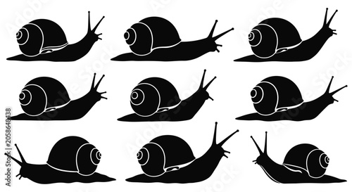 Foto Black Silhouette Of Snails In Various Poses Vector Illustration