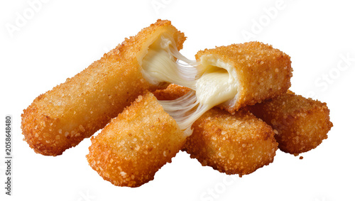 Photos Golden crispy fried mozzarella cheese sticks with melted stringy cheese, isolate