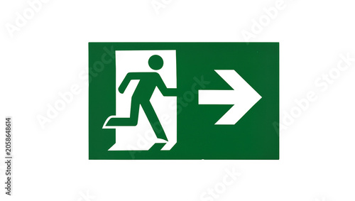 Tableau sur toile Green running man exit sign with black arrow, isolated on transparent background