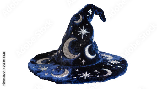 Photos Dark blue velvet wizard hat with silver crescent moons and stars, isolated on tr