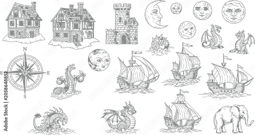 Obraz premium Vintage nautical and medieval map elements collection featuring ships dragons castles and celestial moons for historical design vector