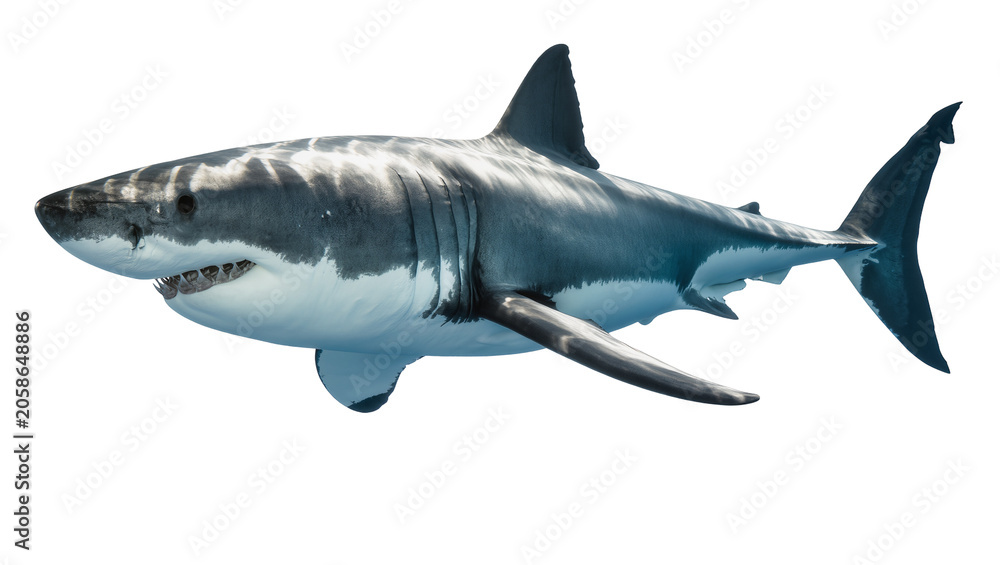 Obraz premium Great white shark with sharp teeth, isolated on transparent background