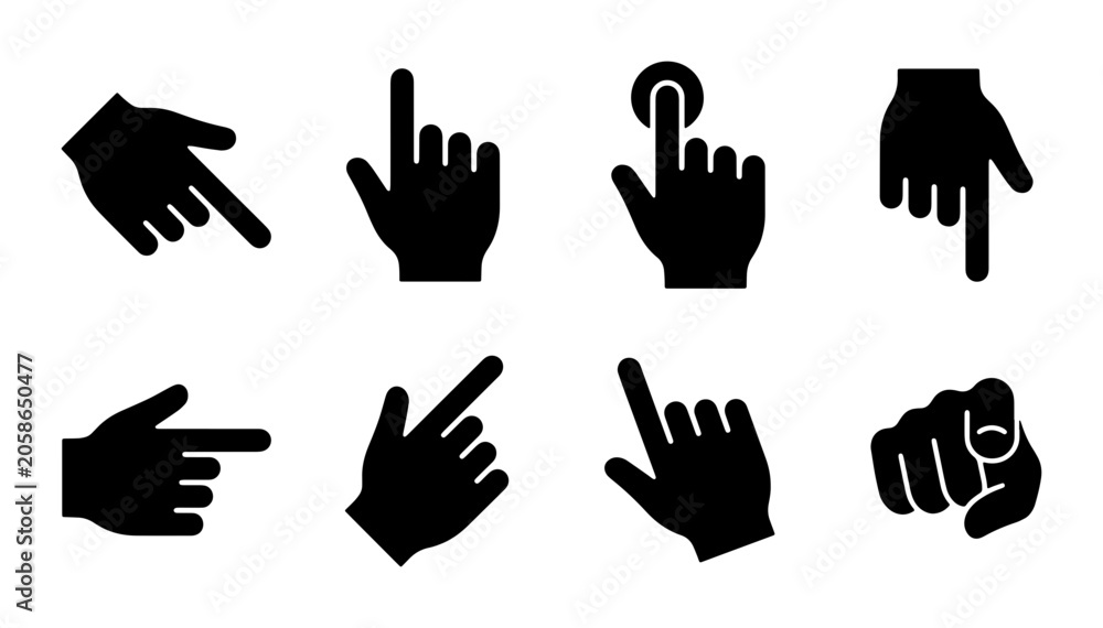 Fototapeta premium Set of 8 Black Hand Cursor Icons, Pointer and Click Gestures, Digital Interface Navigation Elements