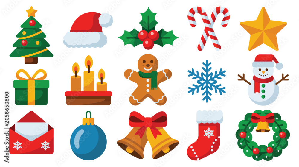 Fototapeta premium christmas holiday icon collection featuring tree santa hat gifts gingerbread man snowflake snowman ornaments wreath candy cane bells and festive winter decorations 