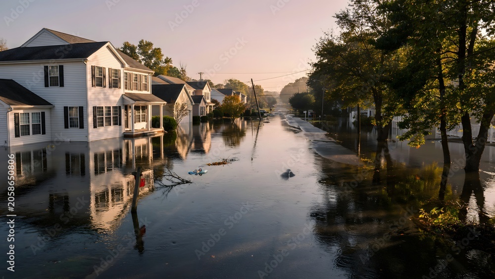 Obraz premium Suburban neighborhood with flooded street and calm water during sunset