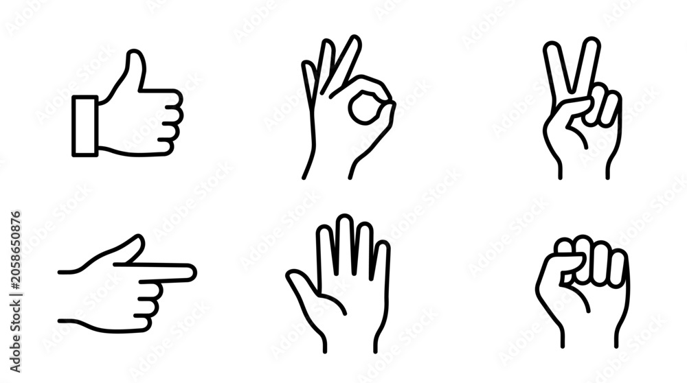 Fototapeta premium Hand gesture icon set showing thumbs up ok peace pointing and fist