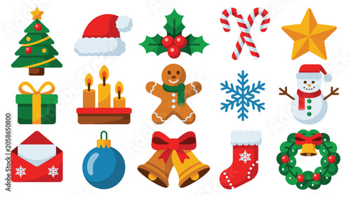 christmas holiday icon collection featuring tree santa hat gifts gingerbread man snowflake snowman ornaments wreath candy cane bells and festive winter decorations 