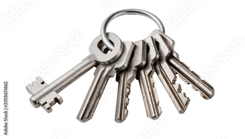 Canvastavla Bunch of silver metal keys on a ring, isolated on transparent background