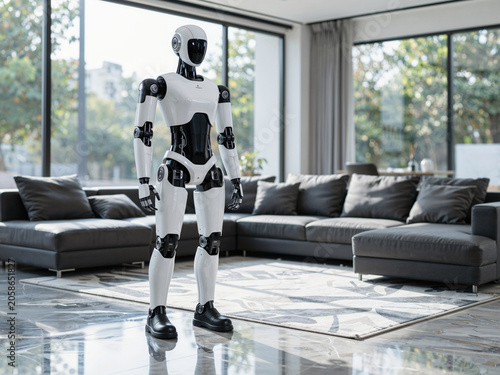 Humanoid robot standing in modern living room