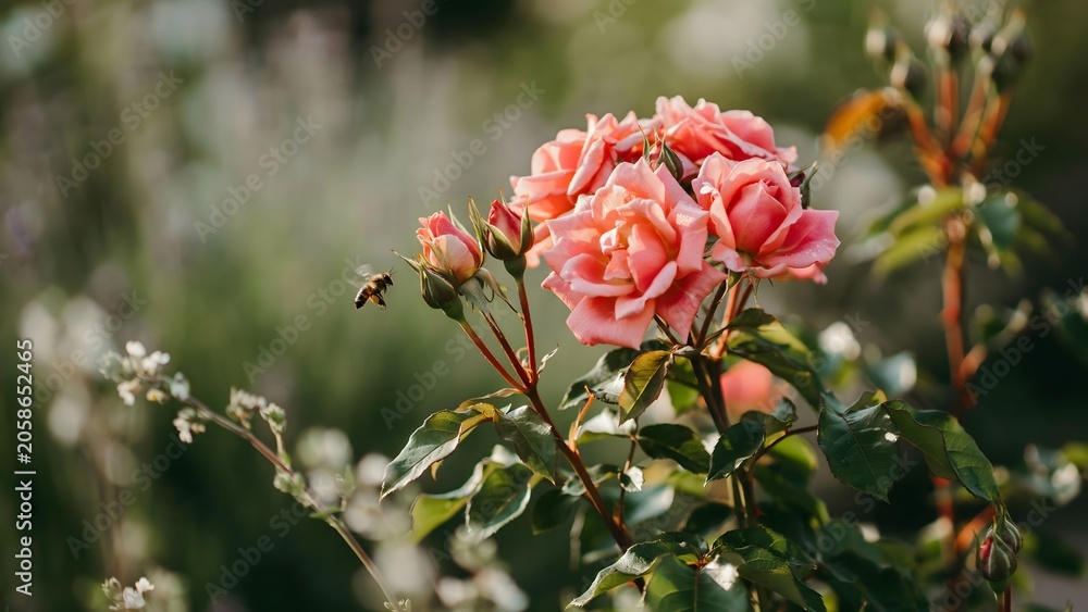 Obraz premium Beautiful Pink Rose Flowers in Garden with Blurred Background and Flying Bee