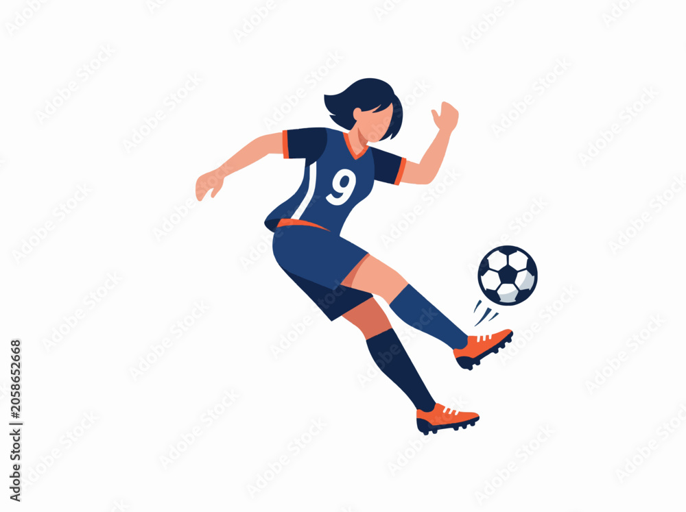 Obraz premium A female soccer player in a blue uniform with the number 9 on it skillfully kicking a soccer ball during a game