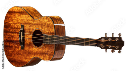 фотографія Glossy quilted maple acoustic guitar with dark wood fretboard, isolated on trans