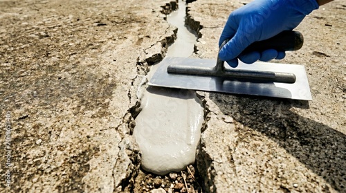 Cement Crack Repair in Progress Gloved Hand Using Trowel