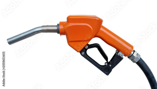 Fotografía Orange fuel pump nozzle with metal spout and black handle, isolated on transpare
