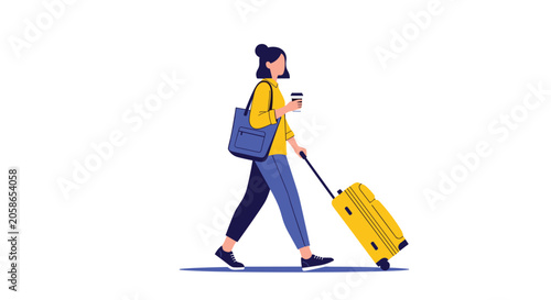 Young stylish woman walking and pulling a yellow suitcase while holding a take-away coffee cup, side view.