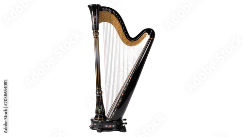Ornate black concert harp with gold accents and floral details, isolated on transparent background