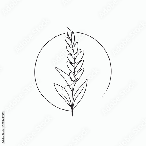 Simple wheat ear line illustration within a circular frame.