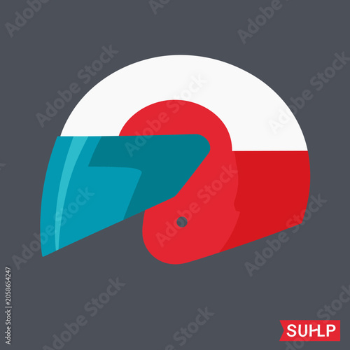 Simple white and red helmet icon with teal visor.