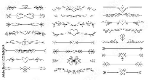 Big collection of decorative hand drawn dividers borders and flourishes with romantic hearts and floral elements.