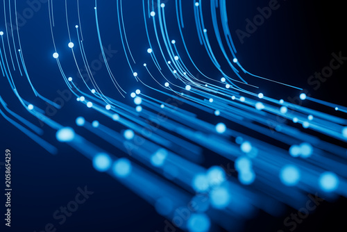 Digital lines flow in blue hues, creating a network of light trails in a dark space
