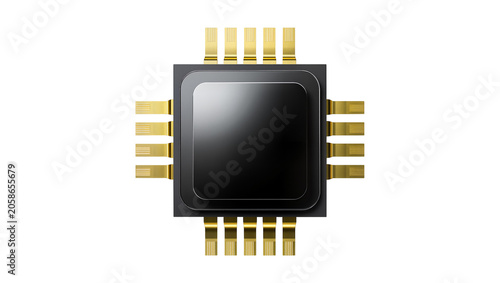 Canvastavla Black square microchip with gold pins, isolated on transparent background