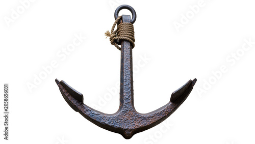 Canvastavla Rusty metal anchor with thick rope knot, isolated on transparent background