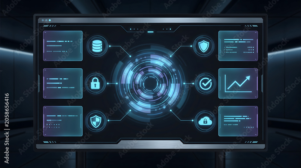 Fototapeta premium Futuristic digital dashboard displays secure financial data with interconnected network icons