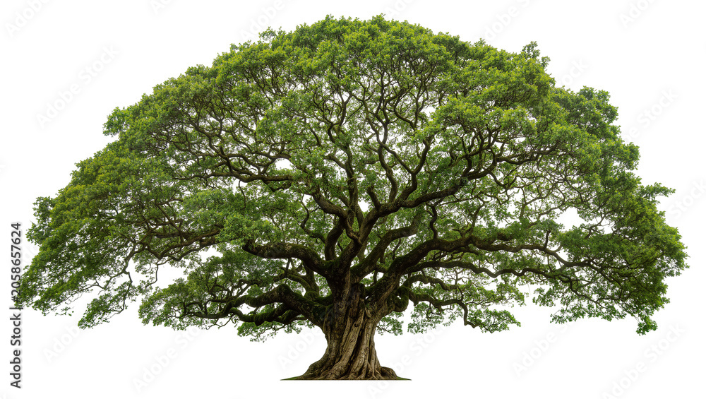 Fototapeta premium Massive ancient oak tree with lush green foliage, isolated on transparent background