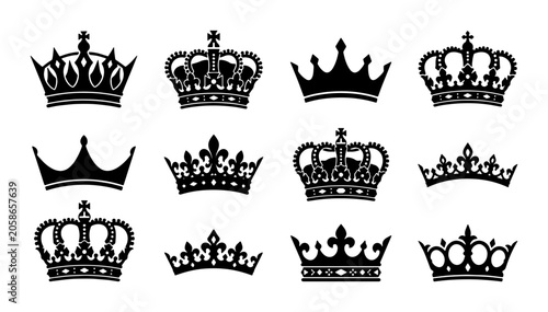 Fényképezés Royal Crown Icons Collection, Regal Emblem Vector Set, Majestic Heraldic Symbols