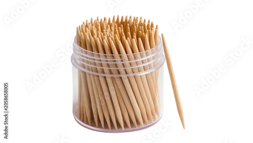 Foto Many wooden toothpicks in a clear plastic container, isolated on transparent bac