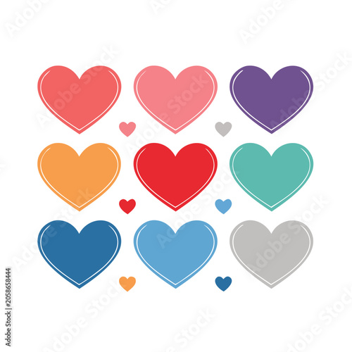 Colorful flat design hearts on white background