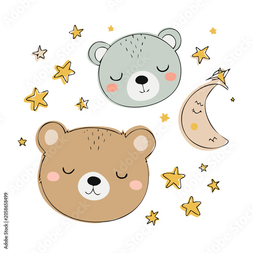 Cute cartoon bear faces with moon and stars