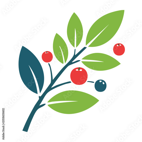 Flat design berry branch with red and blue berries and green leaves