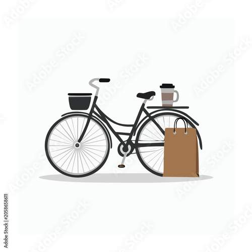 Flat design bicycle with shopping bag and coffee cup