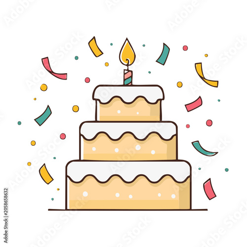 Flat design birthday cake with candle and confetti