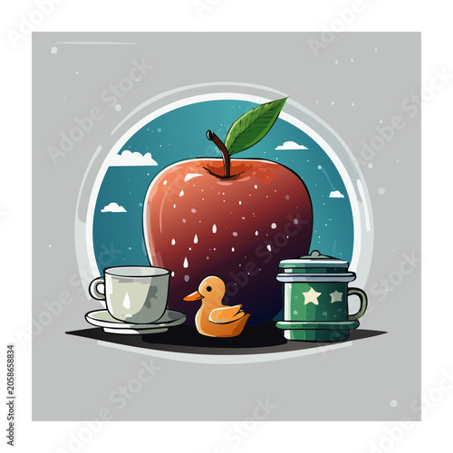 Whimsical illustration of apple, rubber duck, and teacup