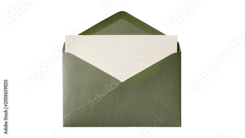 Cuadro en lienzo Open olive green textured envelope with cream paper insert, isolated on transpar